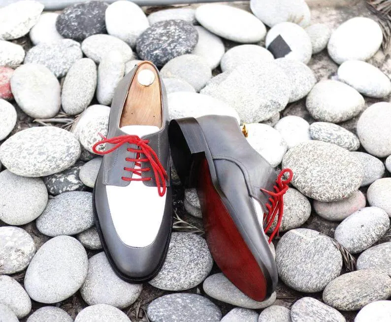 Awesome Handmade Men's Gray White Leather Shoes, Men Lace up Designer Dress Formal Shoes