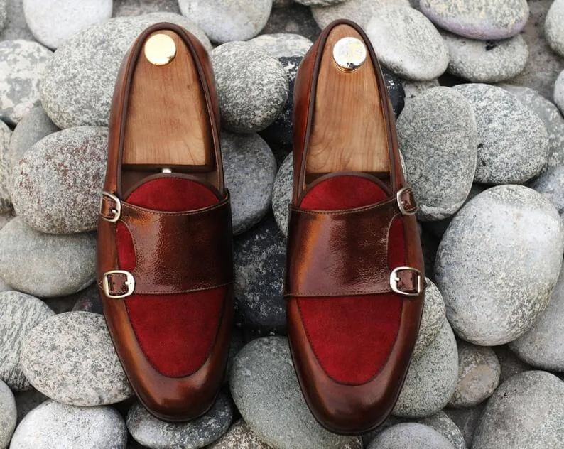 Awesome Handmade Men's Leather Suede Brown & Burgundy Double Monk Slip On Loafers