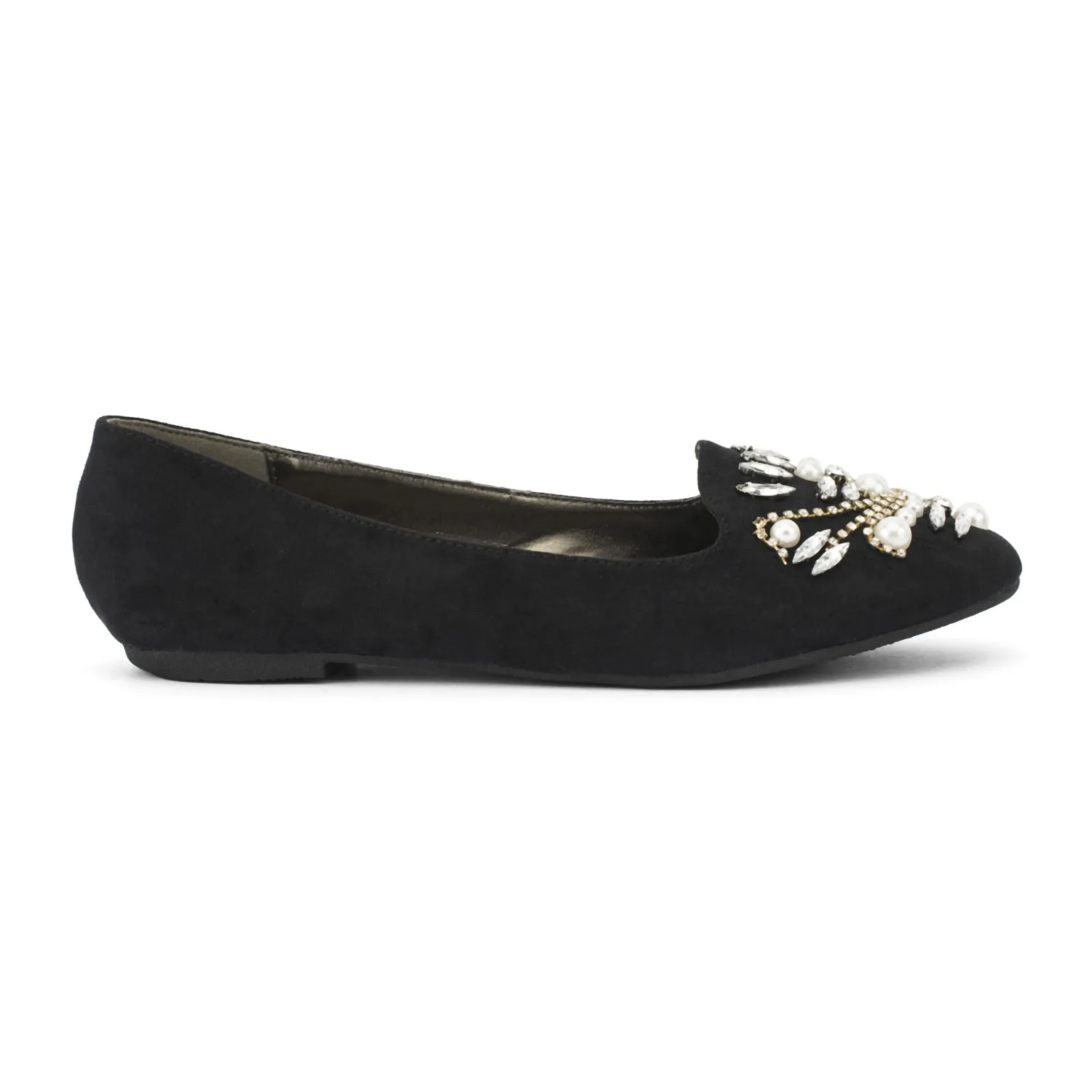 Black Flat Pearl Diamante Pumps