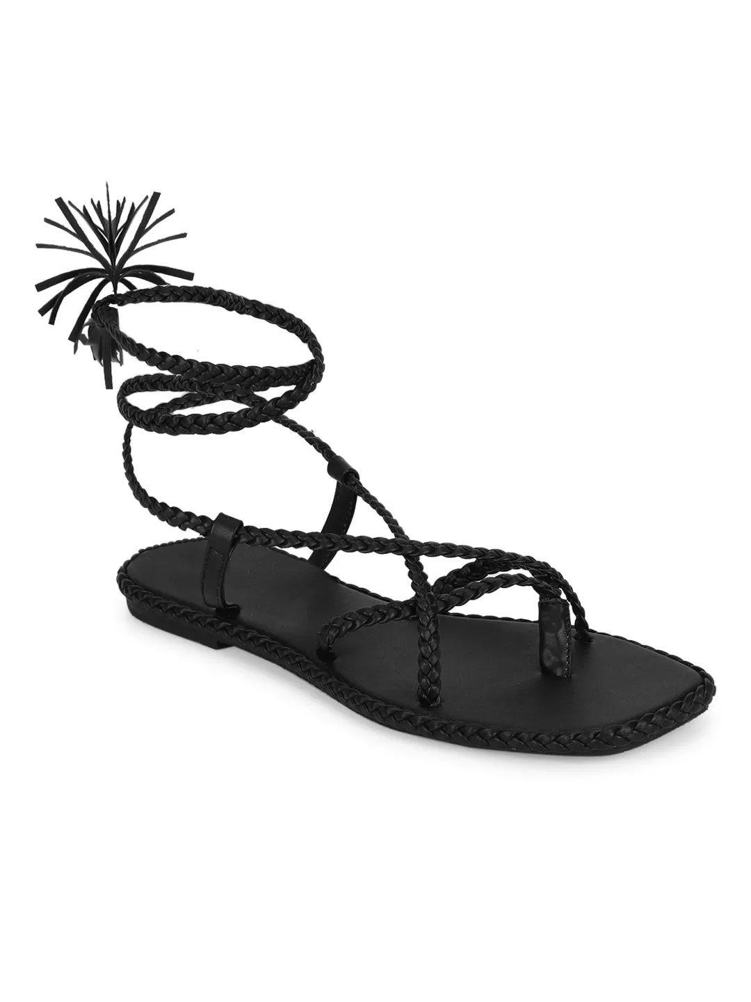 Black PU Braided Lace Up Flat Sandals (TC-ST-1212-BLK)