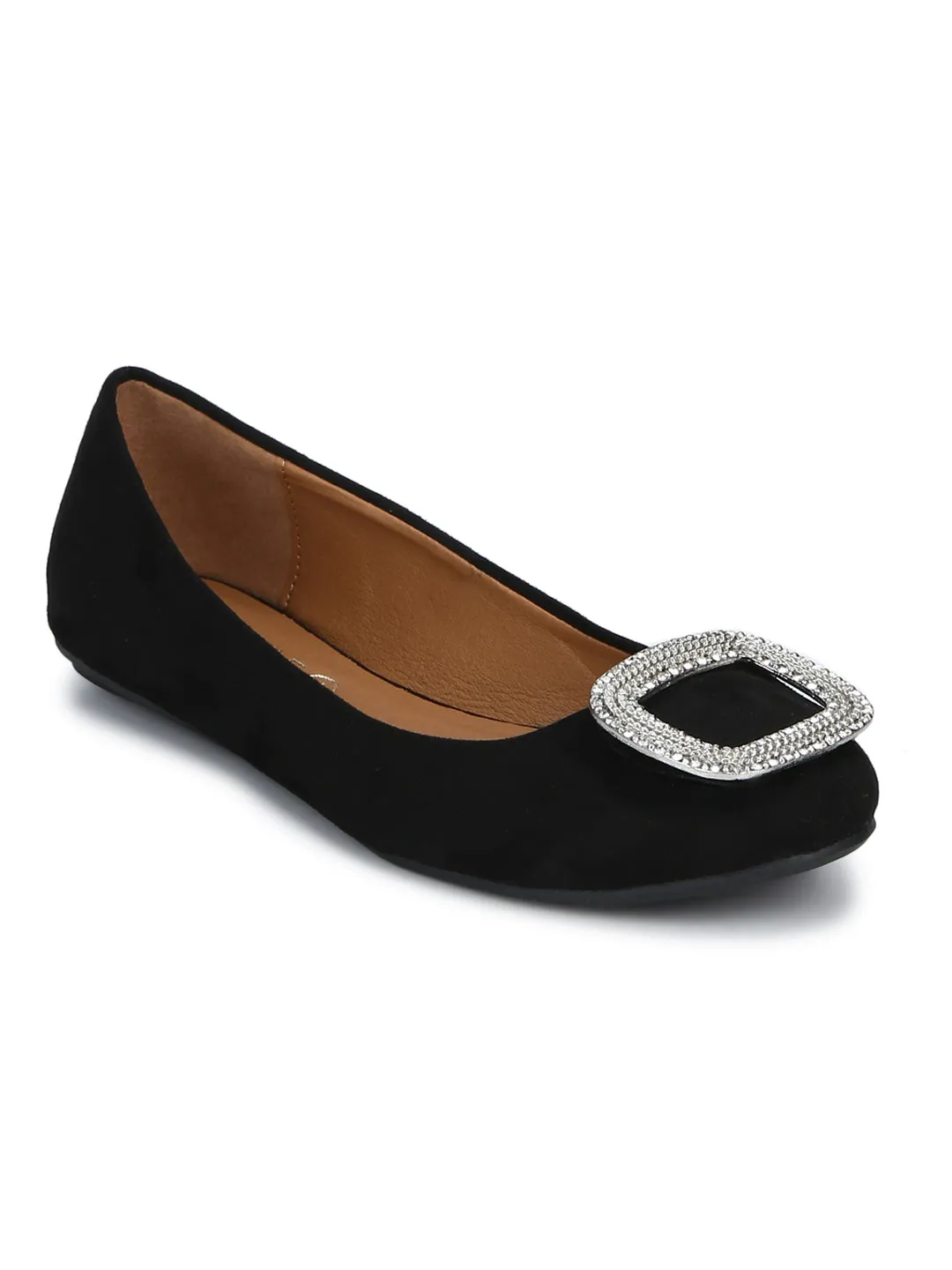 Black PU Brooch Belly Flats