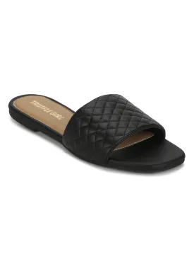 Black Quilted PU Slide on Flat Sandals