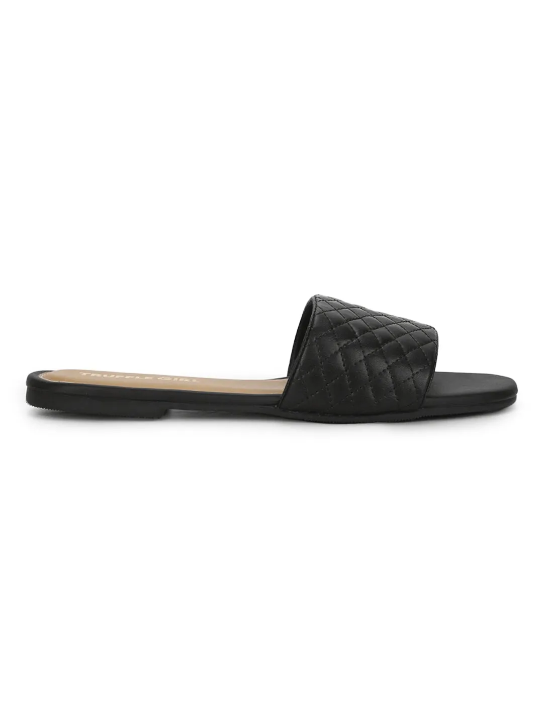 Black Quilted PU Slide on Flat Sandals