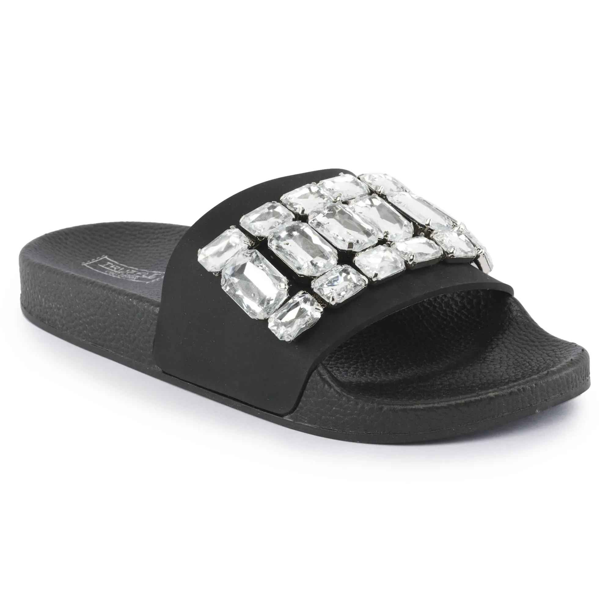 Black Silver Embellished Flat Sliders