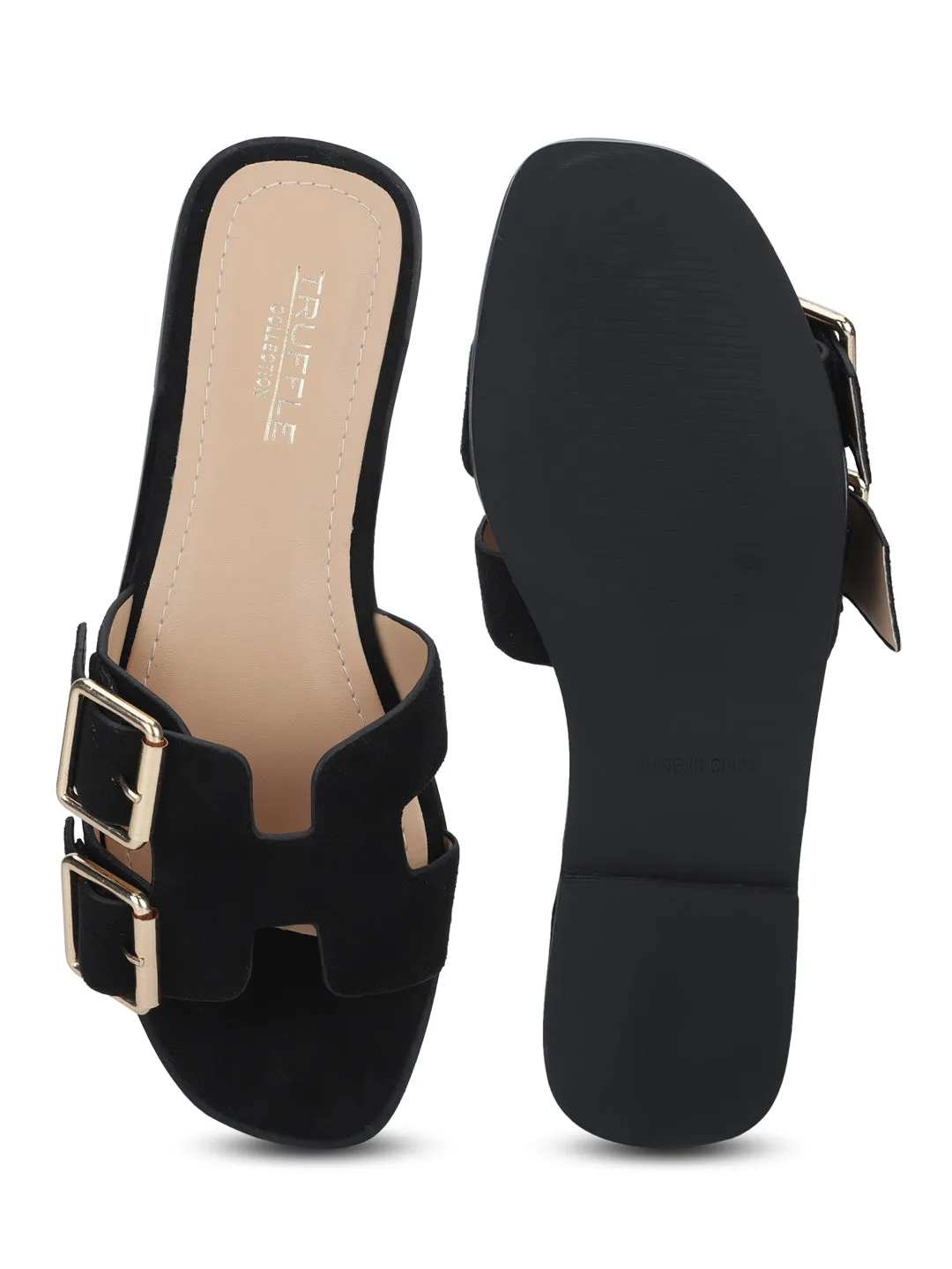 Black Suede Double Buckle Slip-on Flats