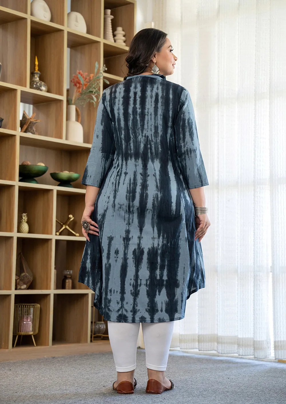 Black Tie Dye Printed Plus Size Cotton Kurta (Set Of 1)