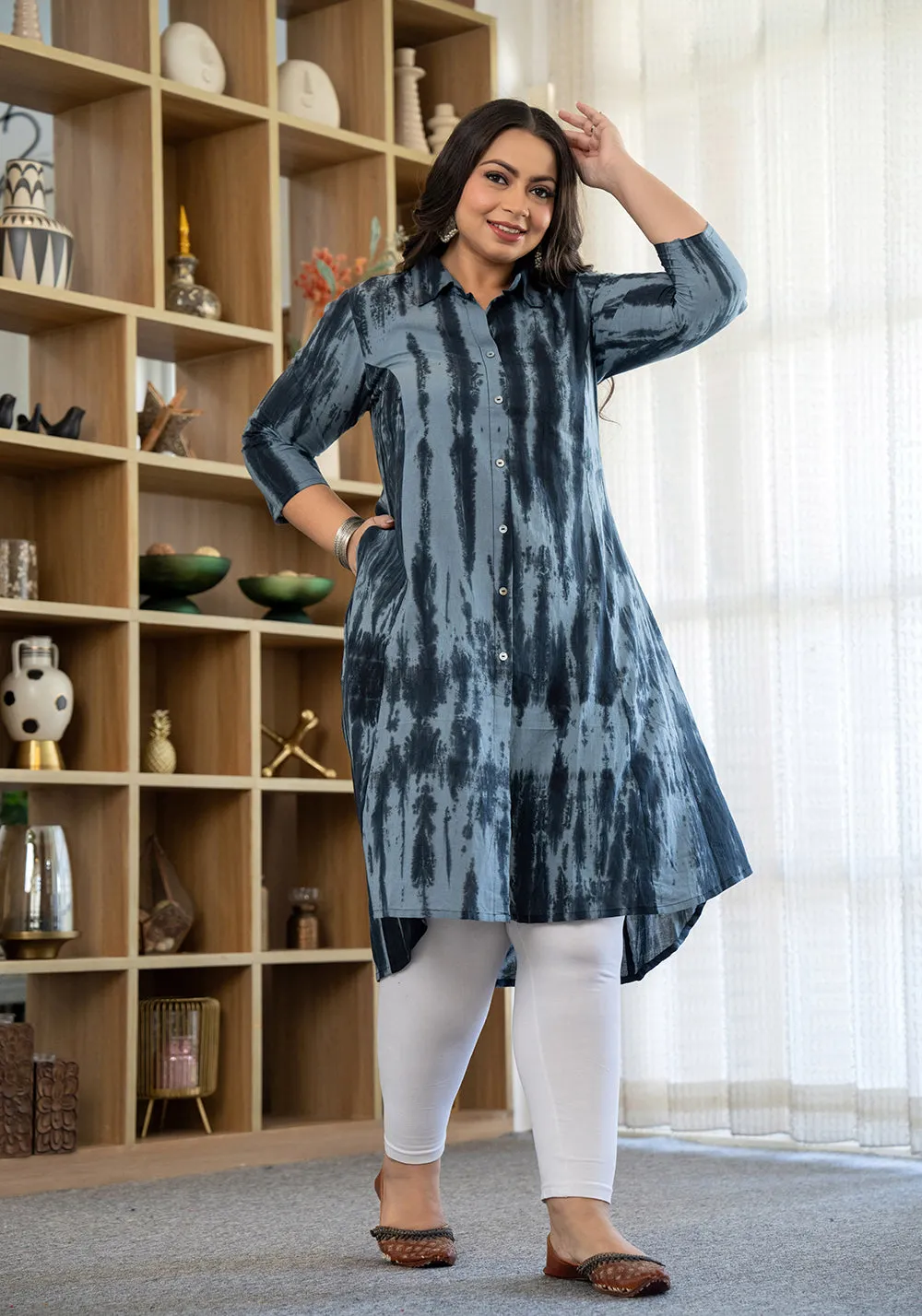 Black Tie Dye Printed Plus Size Cotton Kurta (Set Of 1)