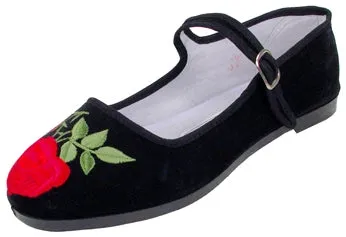 Black Velvet Mary-Jane Flat with Embroidered Rose