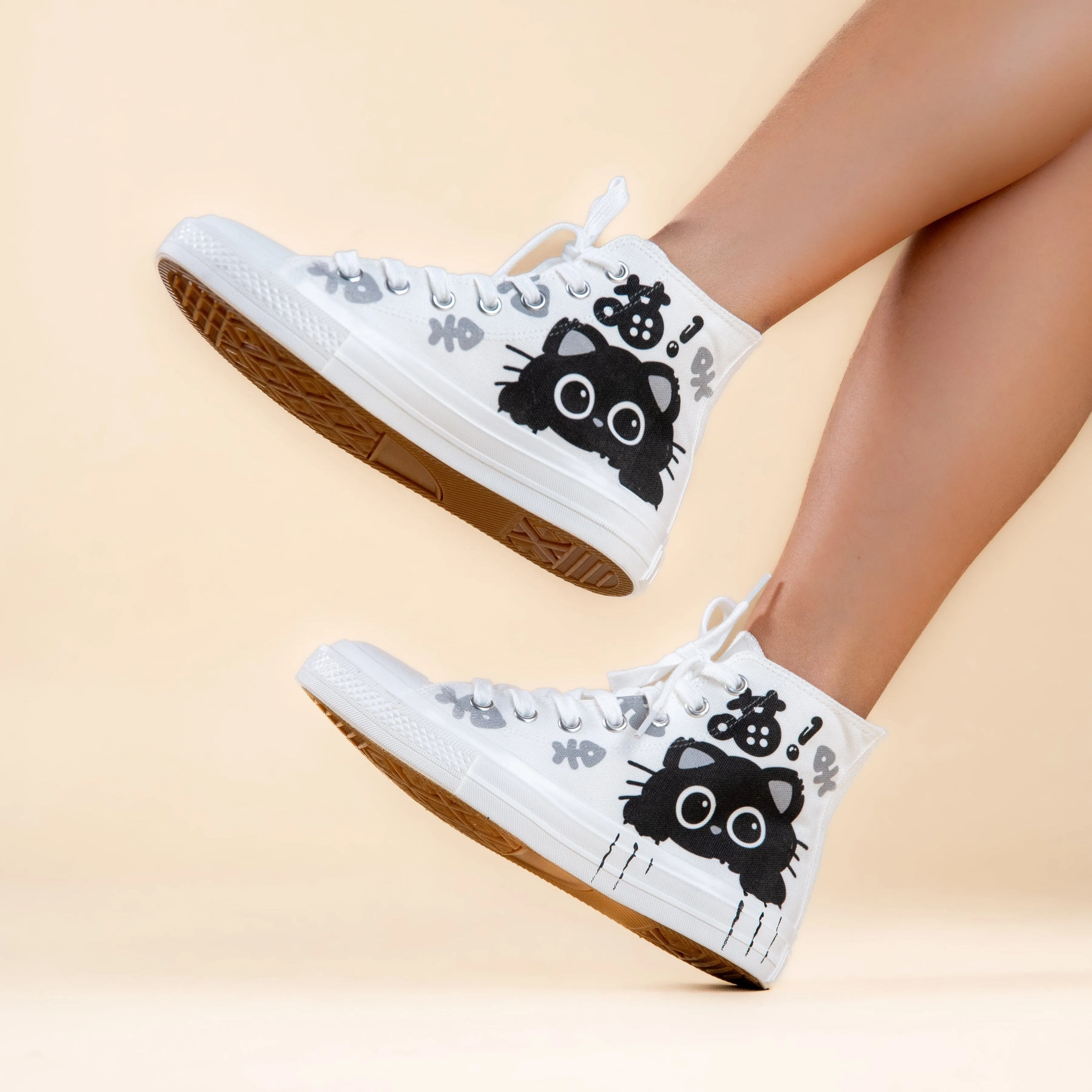 Boo the Black Kitty High Top Canvas Shoes - Women's