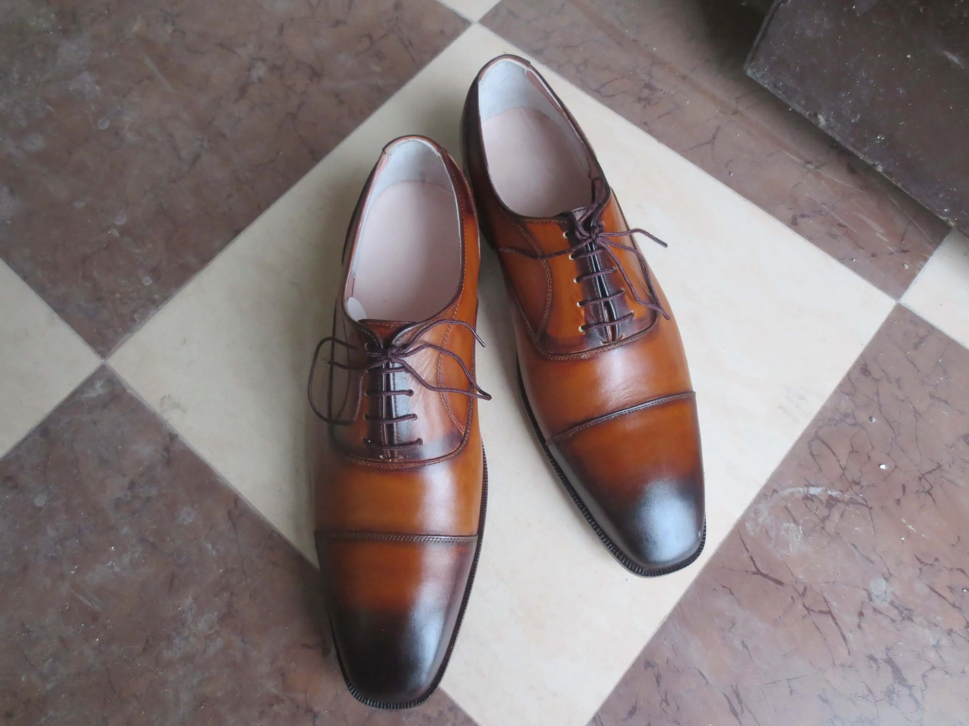 Classic Men's Handmade Two Tone Brown Burnished Toe Lace Up Dress Shoes