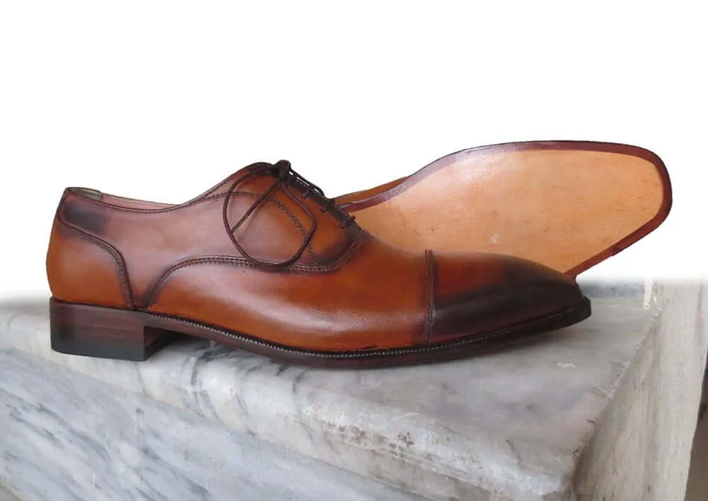 Classic Men's Handmade Two Tone Brown Burnished Toe Lace Up Dress Shoes