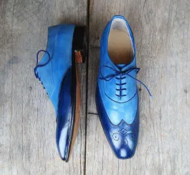 Elegant Handmade Men's 2 Tone Blue Leather Wing Tip Brogue Lace Up Shoes, Men Dress Formal Shoes