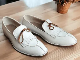 Elegant Handmade Men's White Leather Fringed & Tassel Dress Shoes