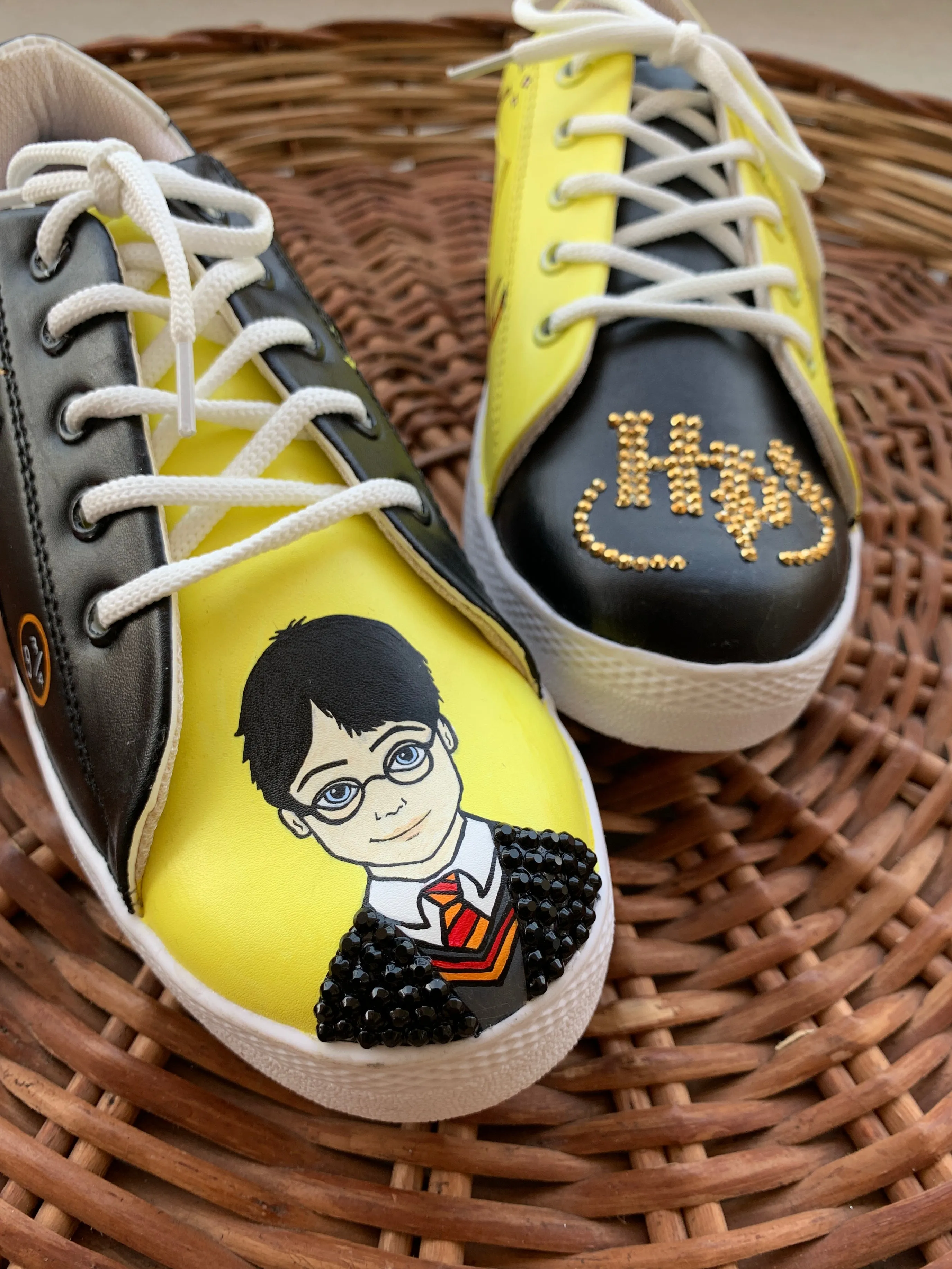 Funky N Trendy hand painted water resistant Harry Potter theme black sneakers / rhinestone shoes / black shoes / yellow shoes