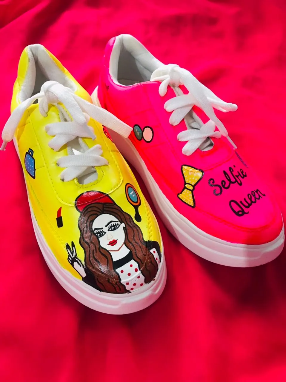 Funky N Trendy hand painted water resistant selfie queen theme pink and yellow dual tone sneakers