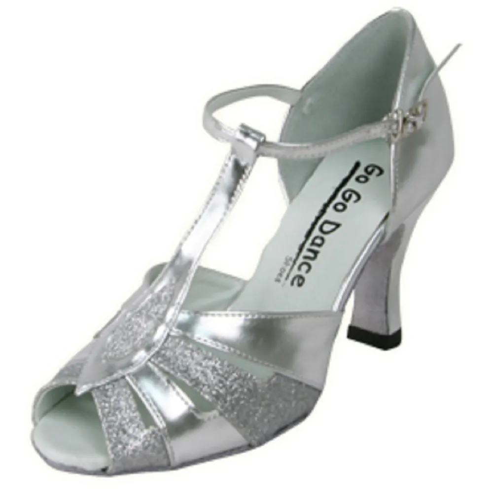 Go Go Dance Shoes, 9583, Silver Leather-Glitter, 2.5” Heel