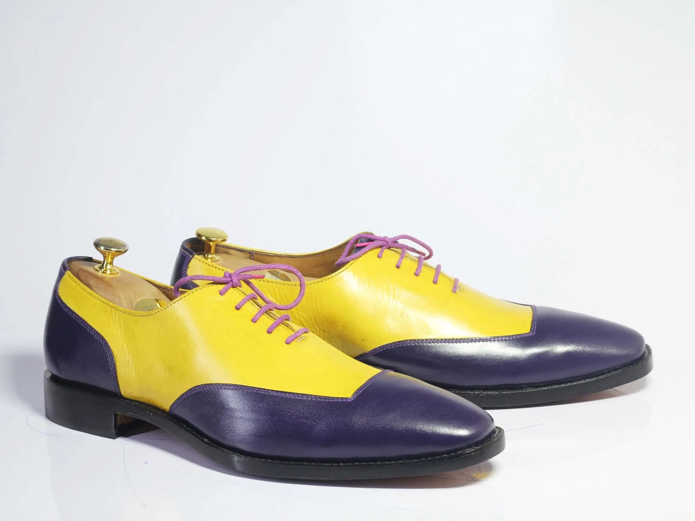 Handmade Men Yellow Black Leather Two Tone Lace Up Shoes, Men Dress Formal Shoes