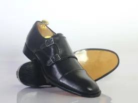 Handmade Men's Black Cap Toe Leather Double Monk Strap Shoes, Men Designer Dress Formal Luxury Shoes