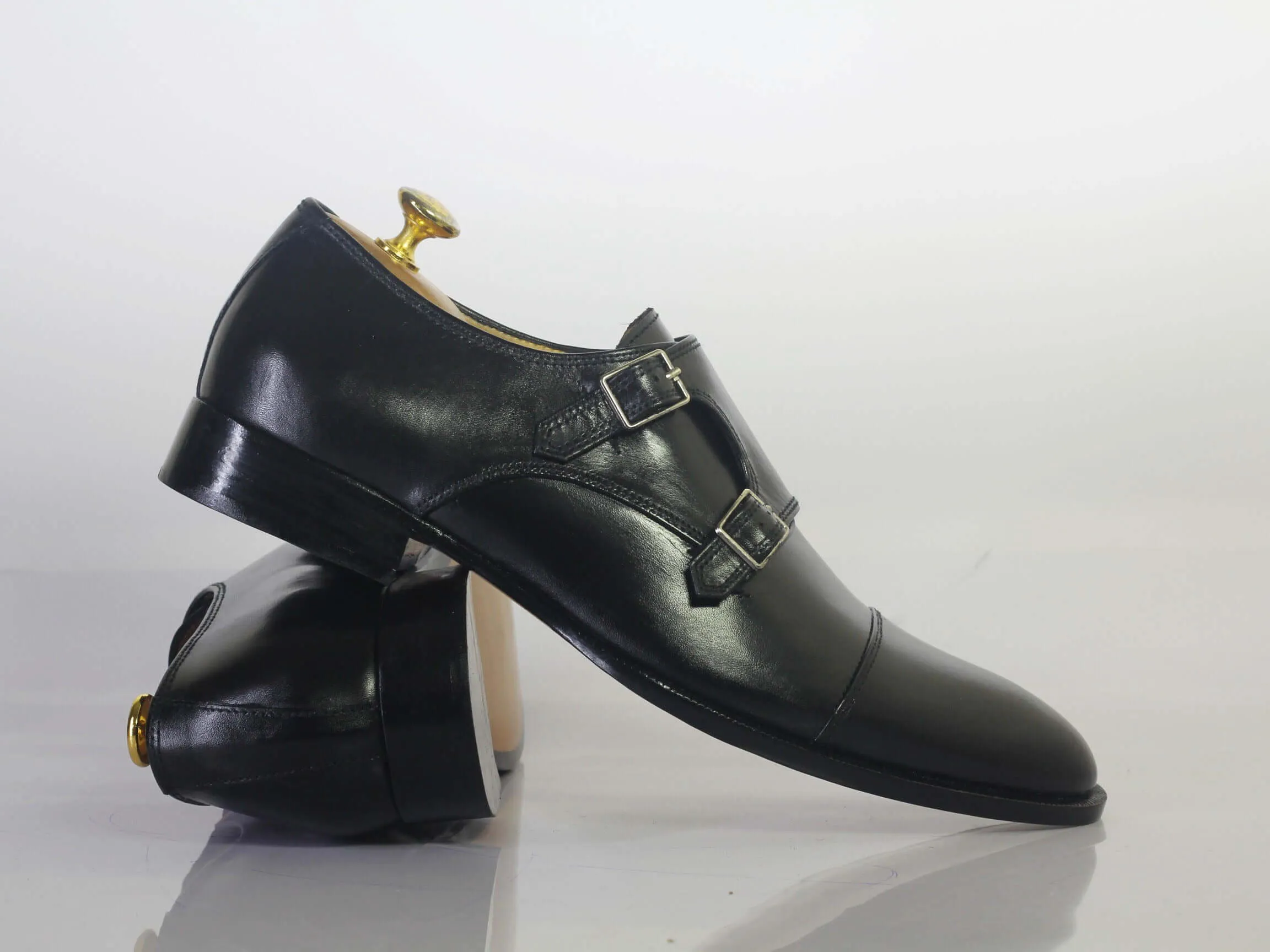 Handmade Men's Black Cap Toe Leather Double Monk Strap Shoes, Men Designer Dress Formal Luxury Shoes