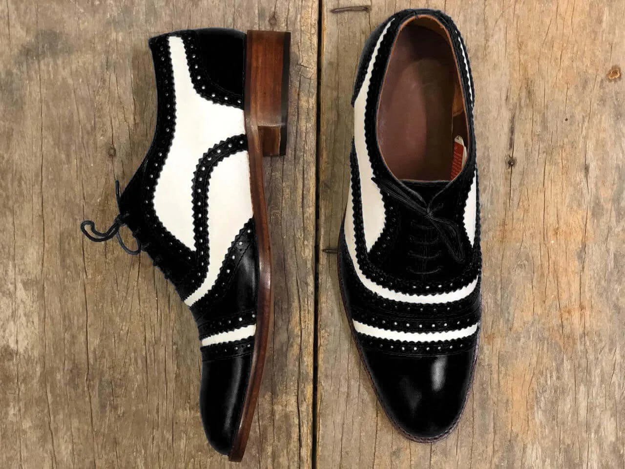 Handmade Men's Black White Leather Cap Toe Lace Up Shoes, Men Dress Formal Luxury Shoes