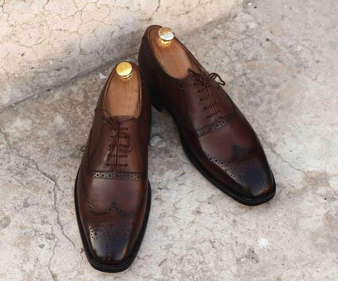 Handmade Men's Brown Color Leather Wing Tip Brogue Lace Up Shoes, Men Designer Dress Formal Luxury Shoes