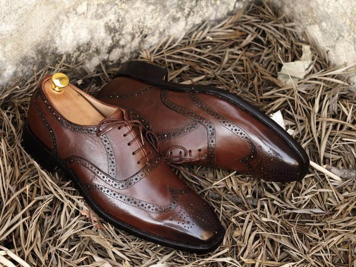 Handmade Men's Brown Color Leather Wing Tip Brogue Lace Up Shoes, Men Designer Dress Formal Luxury Shoes