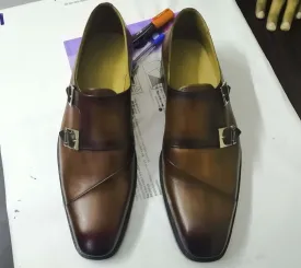 Handmade Men's Brown Double Monk Strap Leather Shoes, Men Designer Dress Formal Luxury Shoes