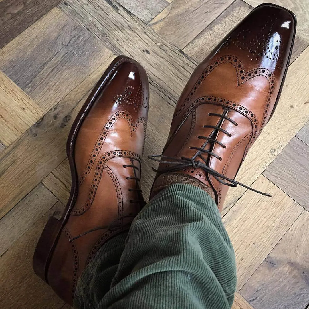 Handmade Men's Brown Wing Tip Brogue Shoes, Men Square Toe Dress Formal Shoes