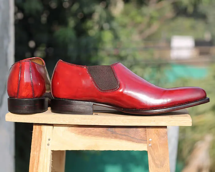 Handmade Men's Burgundy Whole Cut Leather Shoes, Men Slip On Dress Formal Shoes