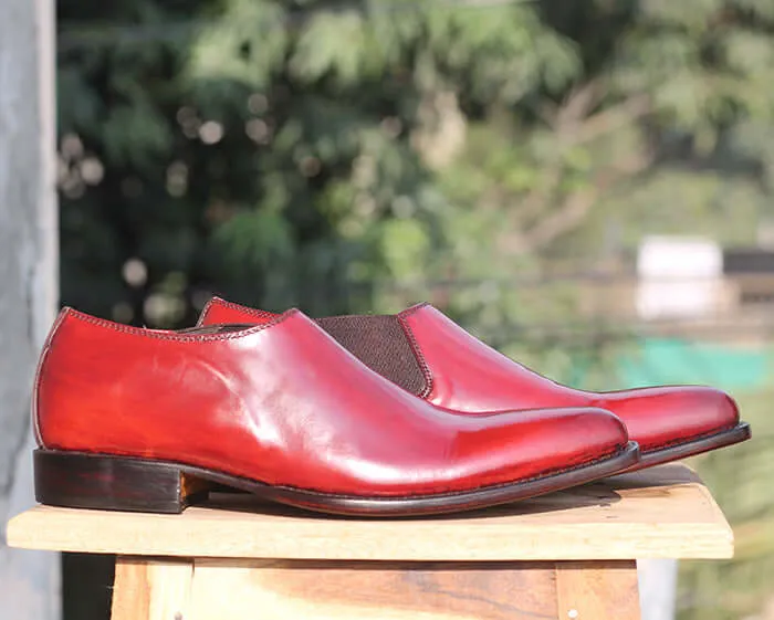 Handmade Men's Burgundy Whole Cut Leather Shoes, Men Slip On Dress Formal Shoes