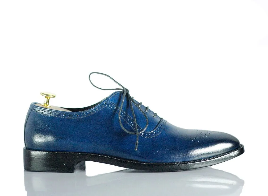 Handmade Men's Navy Blue Leather Brogue Toe Lace Up Shoes, Men Dress Formal Shoes