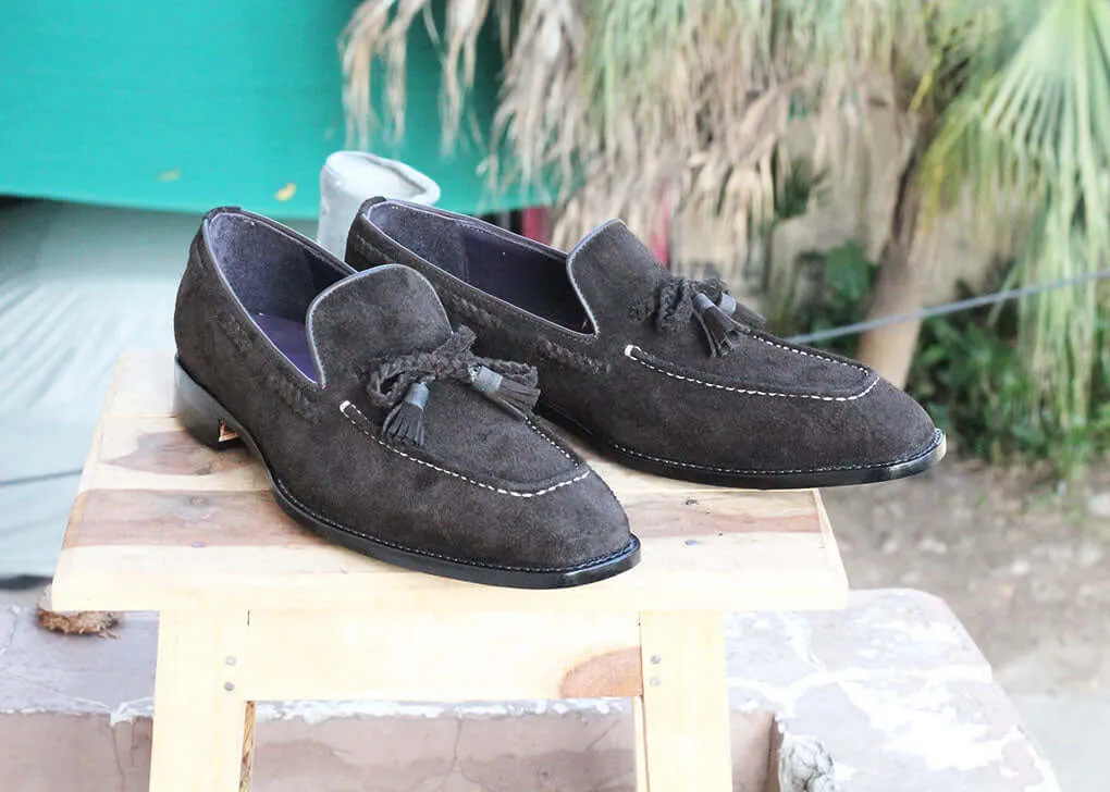 Handmade Men's Suede Shoes, Men Black Tussles Moccasins, Men Fashion Dress Shoes