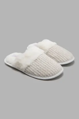 Ivory Chenille Slipper With Fur Trim