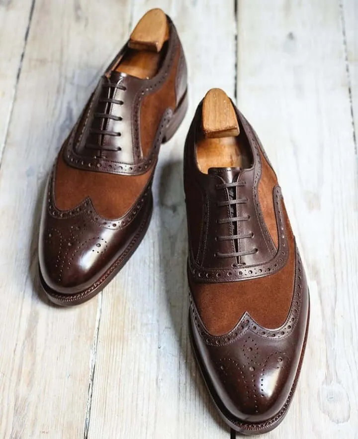 Men’s Handmade Brown Color Leather & Suede Shoes, Men Wing Tip Brogue Dress Formal Lace Up Shoes