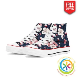 Midnight Blue Cherry Blossom Ladies Canvas High Top Shoes