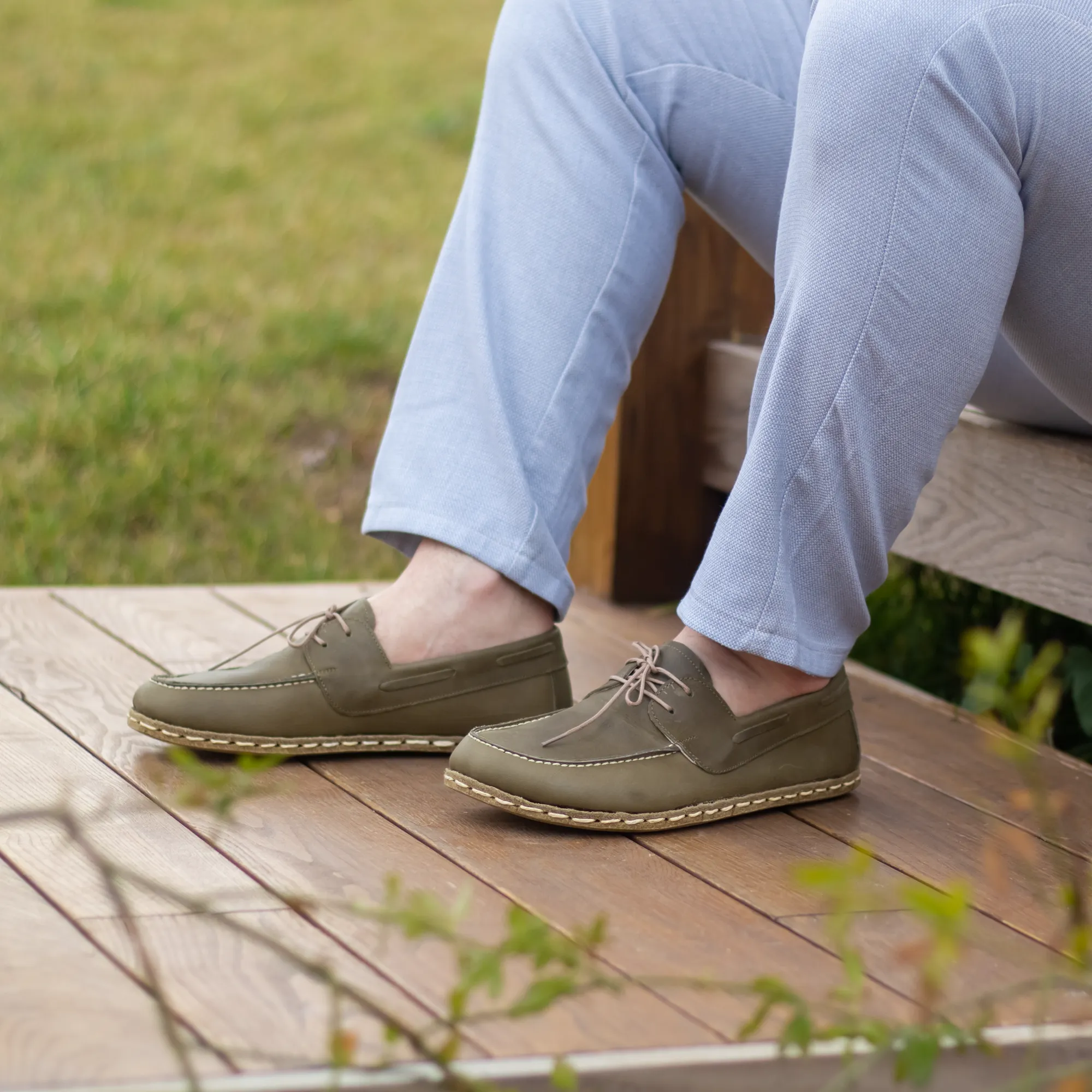 Military Green Men's Leather Earthing Barefoot Shoes