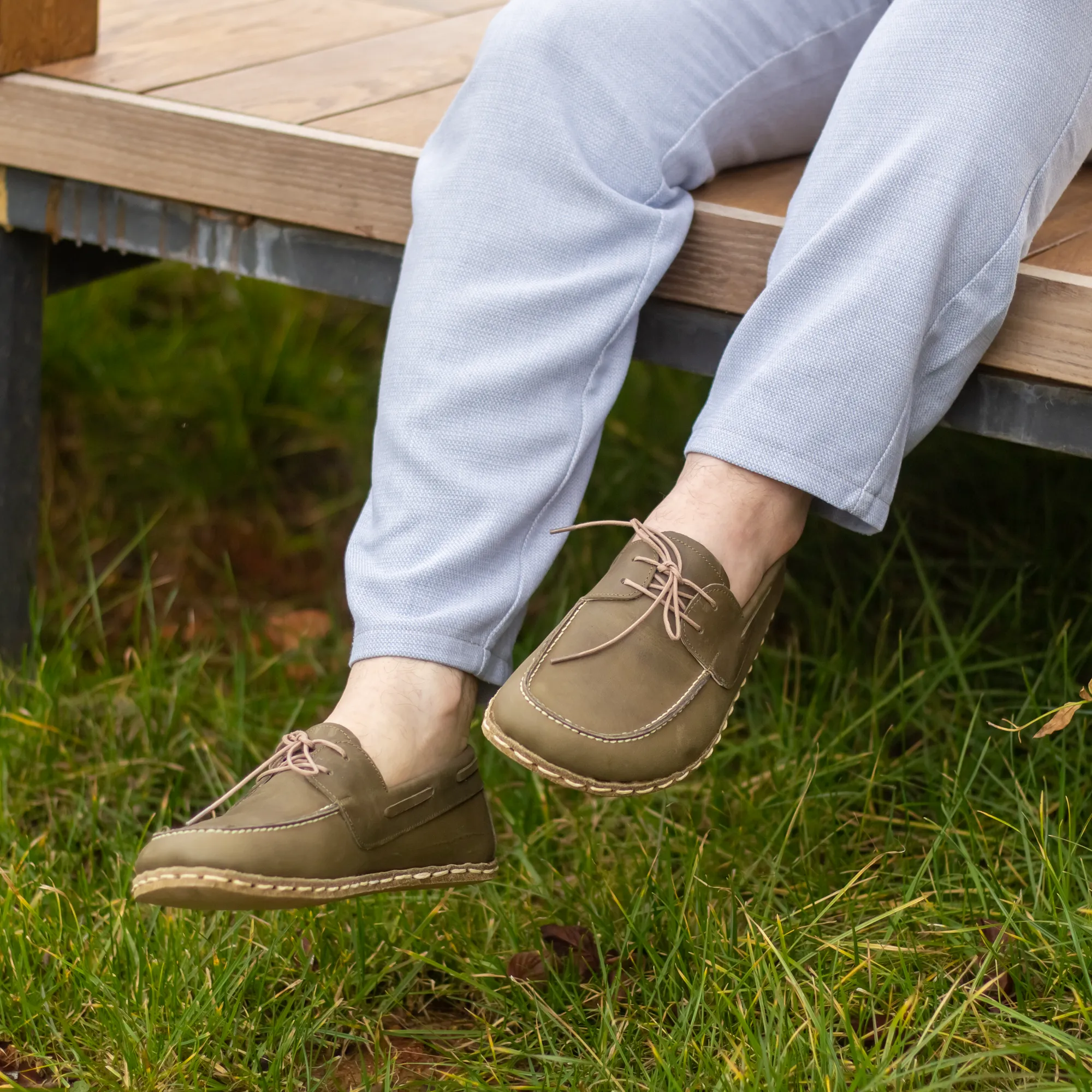 Military Green Men's Leather Earthing Barefoot Shoes