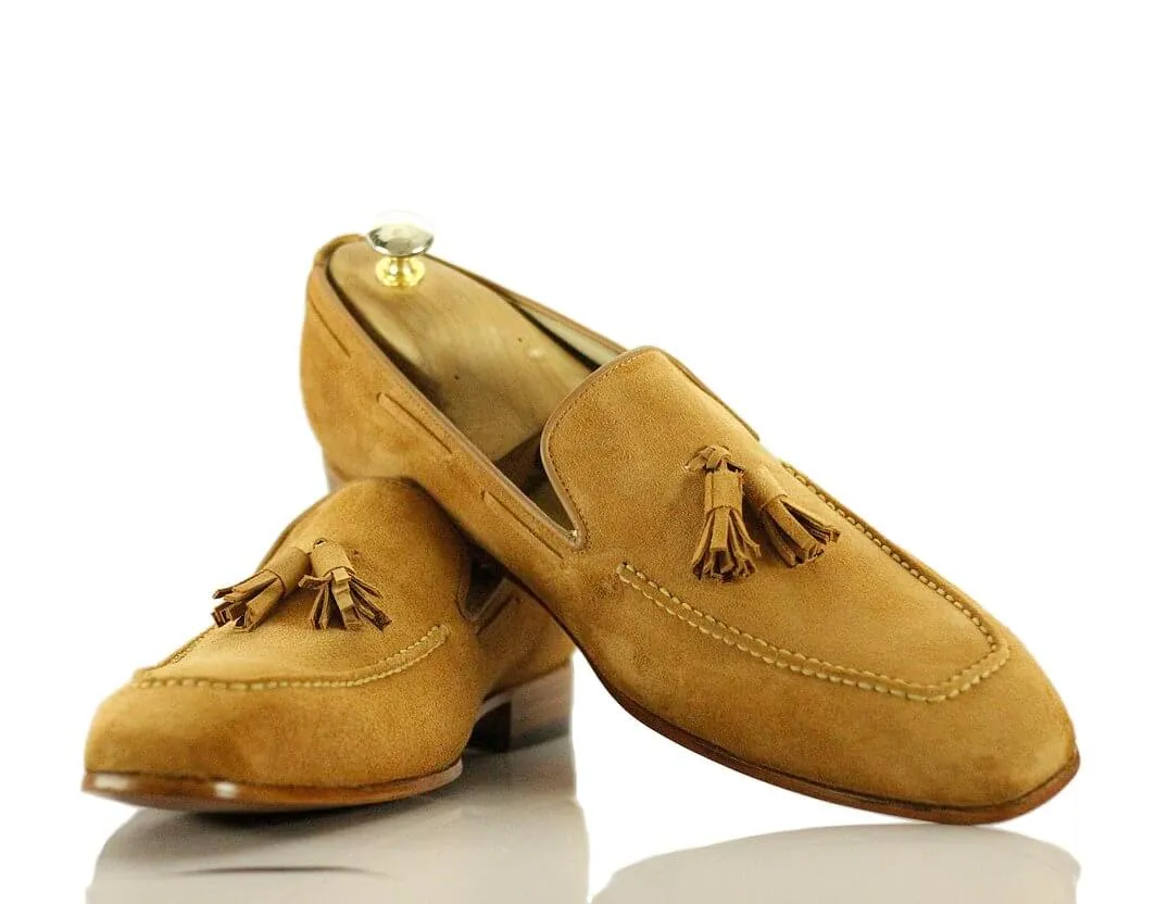 New Handmade Men's Beige Suede Tassel Loafer Shoes, Men Dress Formal Fashion Shoes