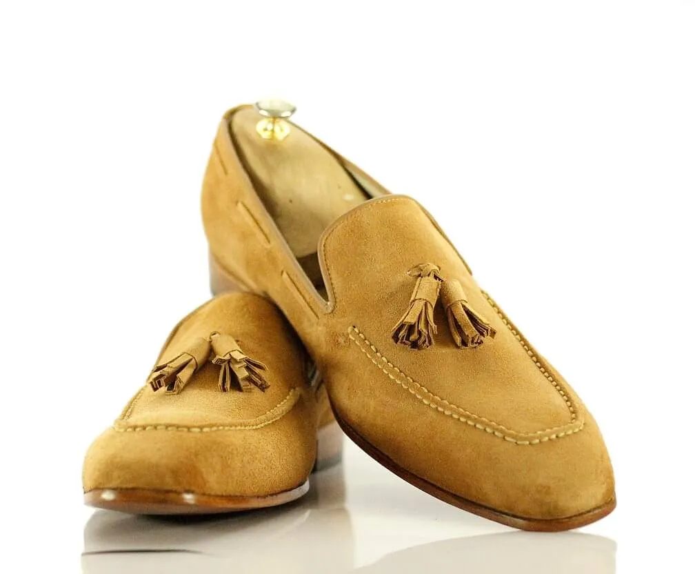 New Handmade Men's Beige Suede Tassel Loafer Shoes, Men Dress Formal Fashion Shoes