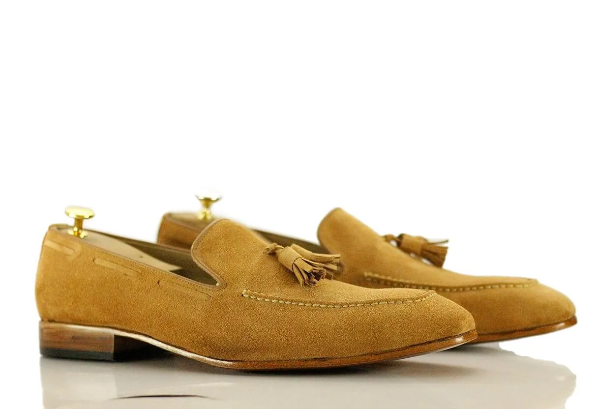 New Handmade Men's Beige Suede Tassel Loafer Shoes, Men Dress Formal Fashion Shoes