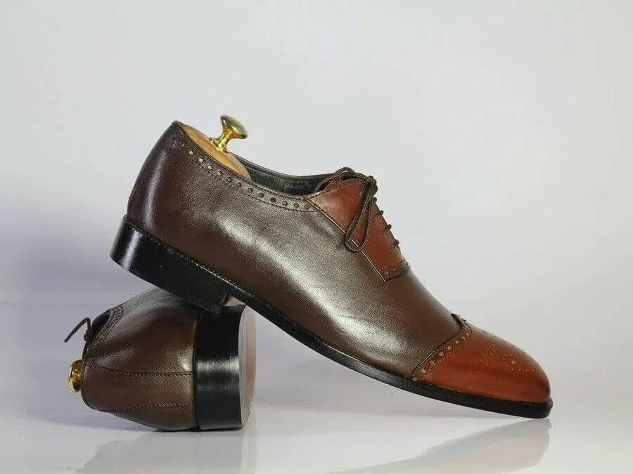 New Handmade Men's Two Tone Brown Leather Cap Toe Brogue Lace Up Shoes, Men Designer Dress Formal Luxury Shoes