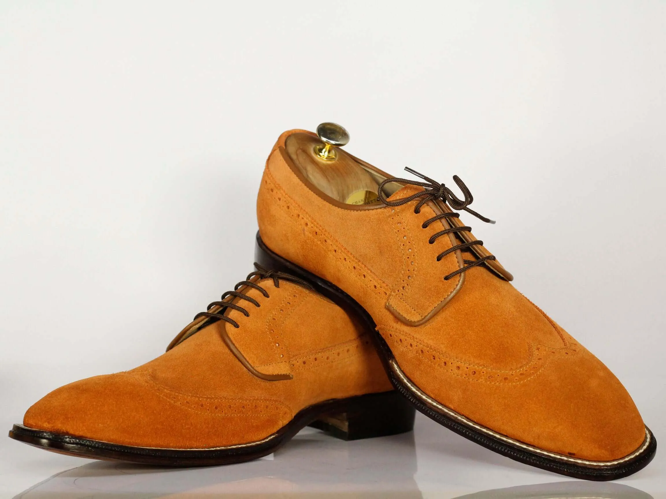 New Men's Handmade Tan Wing Tip Lace Up Shoes, Men Suede Designer Shoes