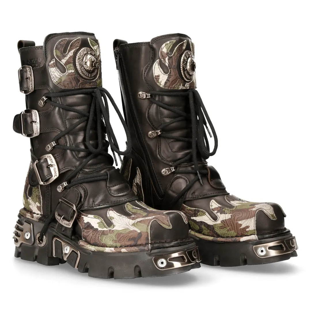 New Rock 591 S15 Camouflage Flame Metallic Black Leather Biker Goth Boot