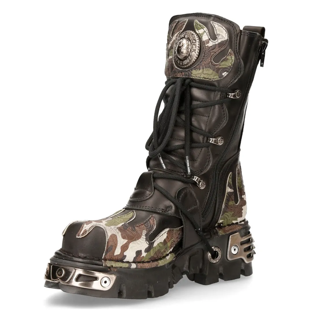 New Rock 591 S15 Camouflage Flame Metallic Black Leather Biker Goth Boot