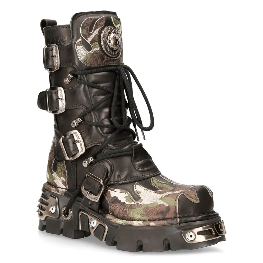 New Rock 591 S15 Camouflage Flame Metallic Black Leather Biker Goth Boot