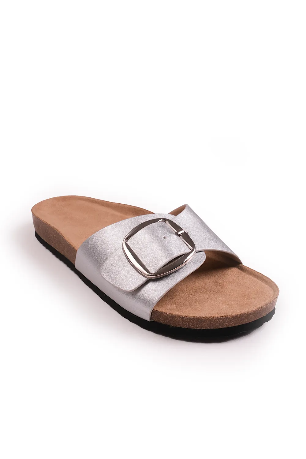 SEQUOIA FLAT SINGLE STRAP SANDALS WITH BUCKLE DETAIL IN SILVER MATT FAUX LEATHER