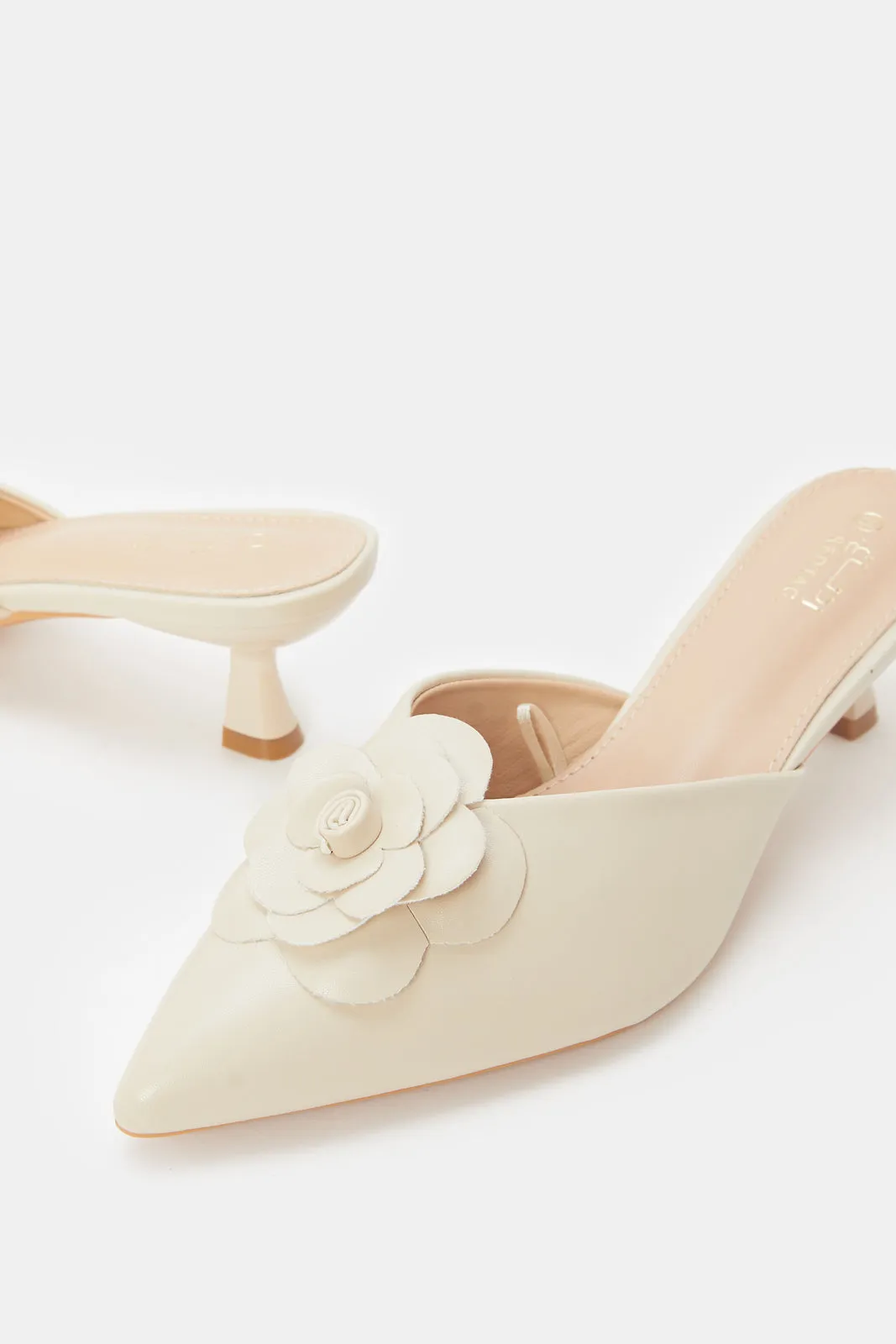 Women Beige Mule With Flower Trim