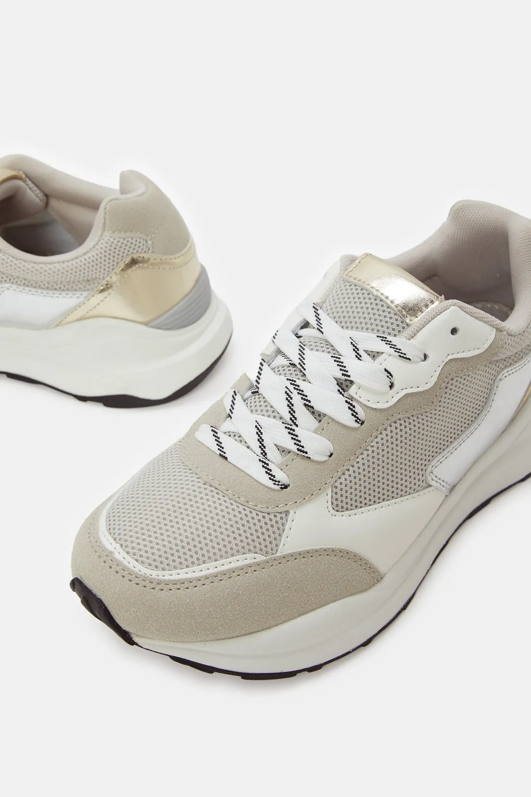 Women Beige Textured Fabric Combination Sneakers