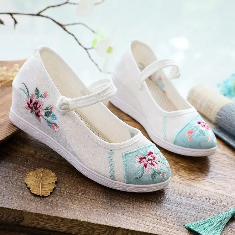 Women's Cheongsam Round Head Mesh Height Increasing Canvas Shoes