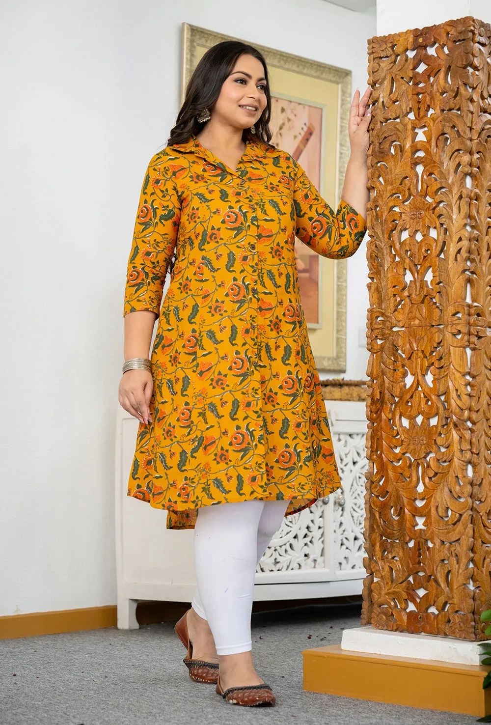 Yellow Floral Printed Plus Size Cotton Kurta (Set Of 1)